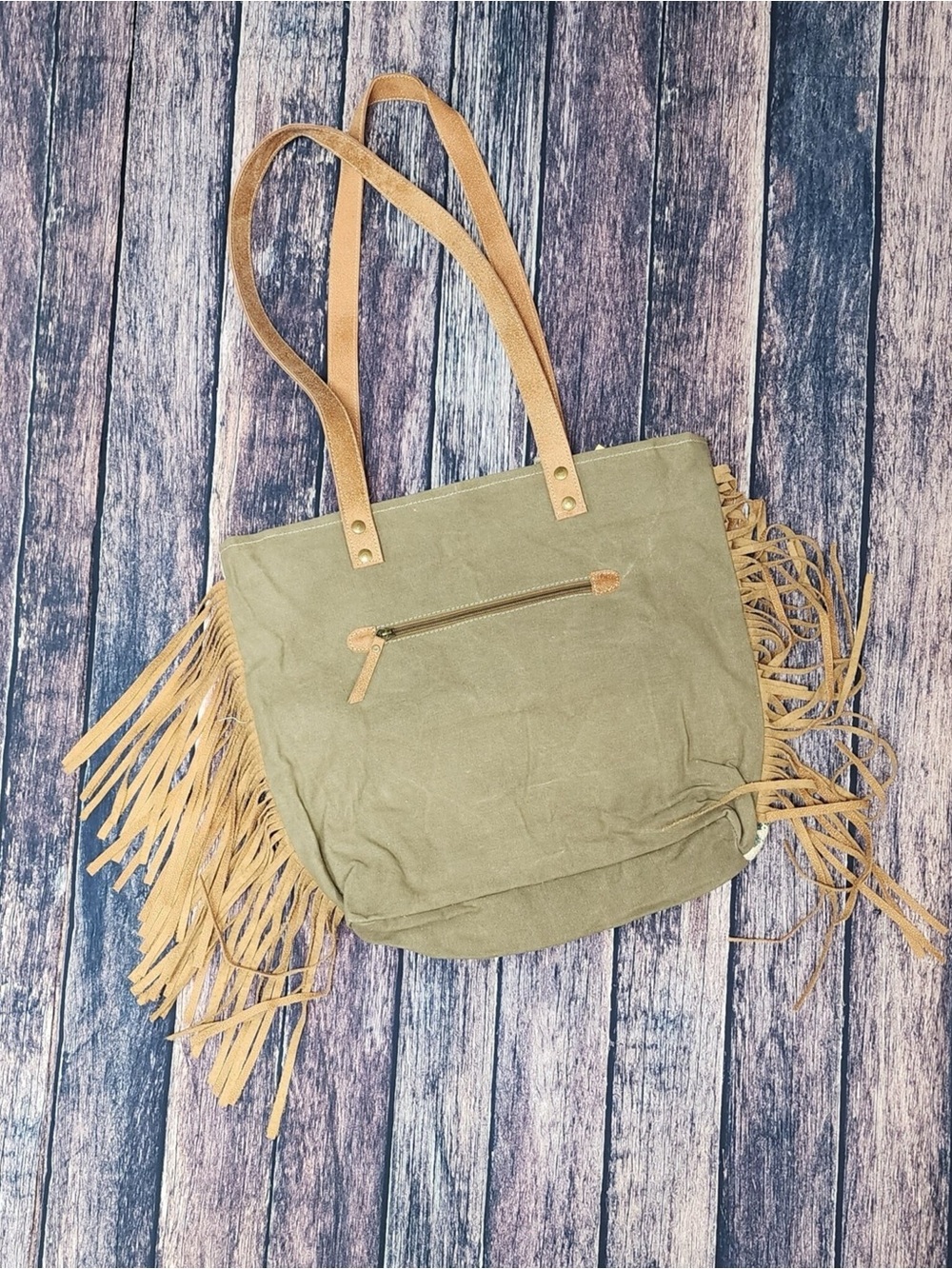 OHLAY Cowhide leather and Upcycled Canvas Fringe Tote - Picture 2 of 4